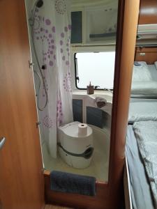 Habitación con baño pequeño con aseo. en Unikátní ubytování v centru Jetřichovic en Jetřichovice