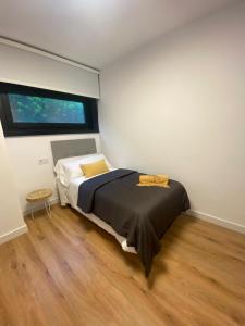 een slaapkamer met een bed in een kamer met een raam bij Nomads Hosting Alojamientos in Oleiros