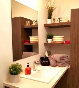 a bathroom with a sink and a mirror at Penthouse With FREE indoor Parking Downtown in Quebec City