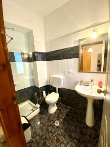 a bathroom with a toilet and a sink and a mirror at Costas Inn in Spílion