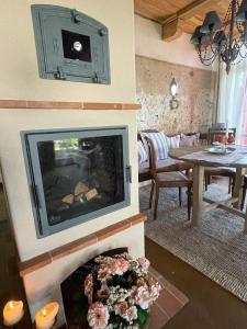 a living room with a fireplace with a tv at Alte Büdnerei in Barnin