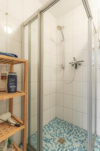 a shower with a glass door in a bathroom at Ferienwohnung Roter Kater am Nationalpark Eifel in Bergbuir