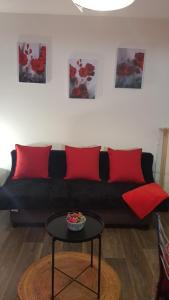 - un canapé noir avec des oreillers rouges et une table dans le salon dans l'établissement Disneyland Paris - Calm & Cute STUDIO 6 Mins from RER A!, à Torcy