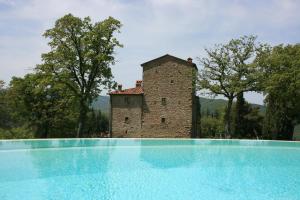 un castello con piscina di fronte di Torre Di Vignale a Palazzo del Pero