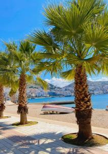 two palm trees on a beach near the water at Beautiful Sarandë in Sarandë