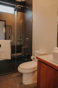 a bathroom with a toilet and a glass shower at Lahos Apartament's in Panajachel