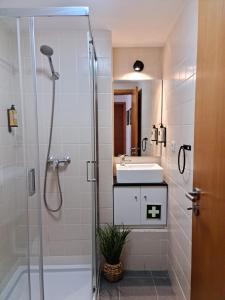 a bathroom with a shower and a sink at Alta apartments in Coimbra