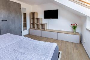 - une chambre avec un lit et une télévision murale dans l'établissement Zeichner, à Geisingen