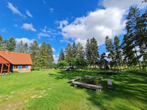 ein Park mit drei Picknicktischen im Gras in der Unterkunft Wyspa Świerków in Lipusz