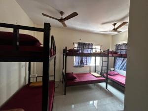 a room with three bunk beds with pink sheets at Lostel Gokarna in Gokarna