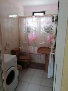 a bathroom with a toilet and a shower curtain at House Rural,Biosphere Reserve World.Taganana.Tfe. in Santa Cruz de Tenerife