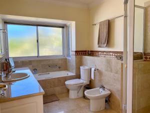a bathroom with a toilet and a sink and a tub at 42 Spinnaker, The Quays in Knysna