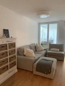 a living room with a couch and a chair at RELAX Apartment mit Garten - Lifestyle am Bodensee, Fahrräder inklusive in Bregenz