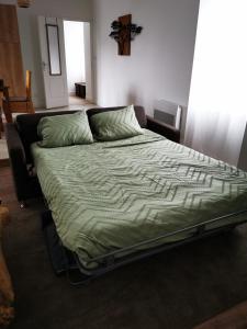 a bed in a bedroom with a green comforter at Le Nica in Trélazé