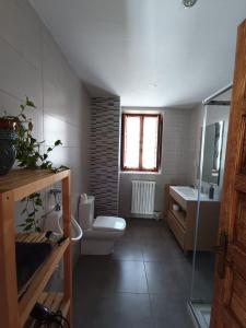 a bathroom with a toilet and a sink and a window at Casa Lorente en Isuerre in Isuerre
