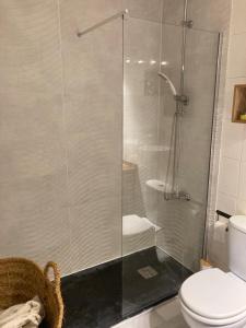 La salle de bains est pourvue d'une douche en verre et de toilettes. dans l'établissement AMR Campomar, à Mojácar