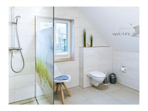 a bathroom with a toilet and a glass shower at Ferienhaus Familienkoje Hannah in Krummin +24 photos