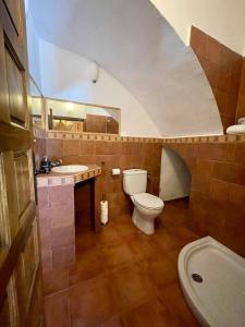 a bathroom with a toilet and a sink and a mirror at Casa Grande Hornos 18 in Cáceres