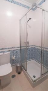 a bathroom with a glass shower with a toilet at Apartamento Buganvilia in Lagos