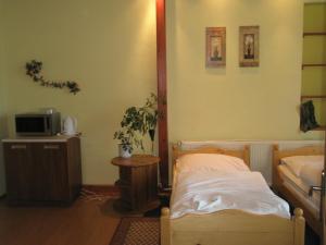 a small bedroom with a bed and a tv at Pension Kozel in Ricany