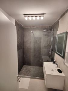 La salle de bains est pourvue d'une douche et d'un lavabo blanc. dans l'établissement Apartament The Cozy Nest Turda, à Bucarest