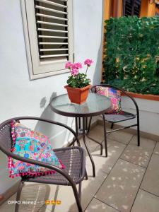 2 Stühle und ein Tisch mit einer Topfpflanze auf einer Terrasse in der Unterkunft LA MEDUSA in Syrakus