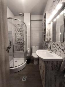 a bathroom with a sink and a shower and a toilet at Apartment in Ioannina