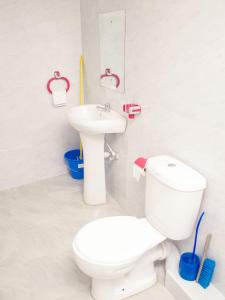 La salle de bains blanche est pourvue de toilettes et d'un lavabo. dans l'établissement Zuriel Homes 1 Bedroom apartment, à Kakamega