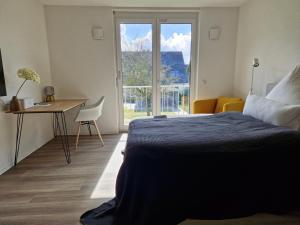 Schlafzimmer mit einem Bett, einem Schreibtisch und einem Fenster in der Unterkunft Green-Building Appartement in Bielefeld