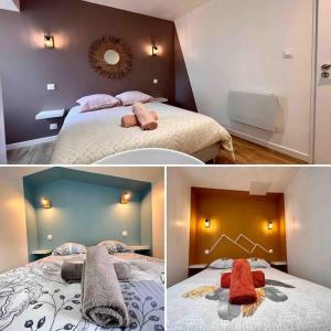 three pictures of a bedroom with a bed and a mirror at LA PALMERAIE -wifi fibre- centre ville -PROPERTY RENTAL NM in Fontenay-le-Comte