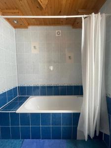 a bath tub in a blue tiled bathroom at Made in Yaremche in Yaremche