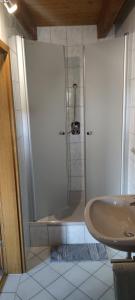 W łazience znajduje się prysznic, wanna i umywalka. w obiekcie Gästehaus Fechtig w mieście Hergensweiler