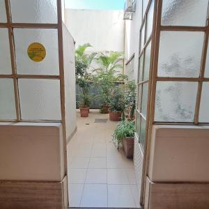 un couloir vide avec des plantes en pot dans un bâtiment dans l'établissement Down Town Telmo, à Buenos Aires