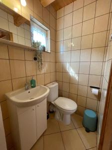 La salle de bains est pourvue d'un lavabo, de toilettes et d'une fenêtre. dans l'établissement Domek Danusia z dwiema sypialniami, à Władysławowo