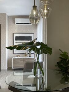 a glass table with a plant in a living room at Luxury 2Bedr, 2 Balcony Pool, Gym, Downtown Santo Domingo in Santo Domingo