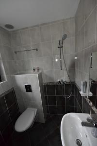 La salle de bains est pourvue d'une douche, de toilettes et d'un lavabo. dans l'établissement Boutique Hotel Lyulyak, à Starozagorski bani