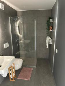 een badkamer met een douche, een toilet en een wastafel bij Albatross Getaway by the sea, SPA and forest with a Terrace in Ķesterciems