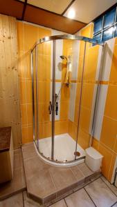 un bagno con box doccia e pareti gialle di Chalupa Bonanza a Jívka