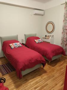 1 Schlafzimmer mit 2 Betten mit roter Bettwäsche und einem Spiegel in der Unterkunft Στούντιο Διπλα στην Ακρόπολη in Athen