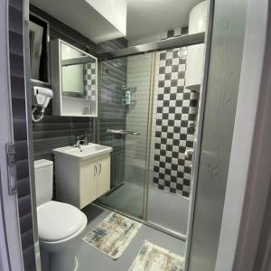 a bathroom with a shower and a toilet and a sink at Rita Apartment in the heart of Pristina,Kosovo in Pristina