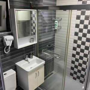 bagno con doccia, lavandino e servizi igienici di Rita Apartment in the heart of Pristina,Kosovo a Pristina