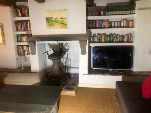 uma sala de estar com lareira e televisão em Mill Lane Farmhouse em Hartbeespoort