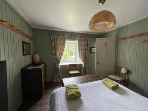 a bedroom with a bed with green walls and a window at Pier Cottage, Applecross in Applecross