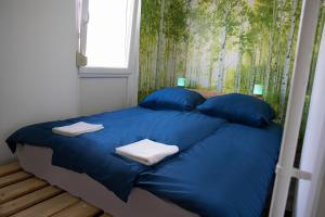 a bedroom with a blue bed with blue pillows at Városi Apartman in Pécs