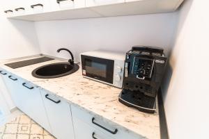 a kitchen counter with a microwave and a toaster oven at EVRA APARTMENTS in Recaş