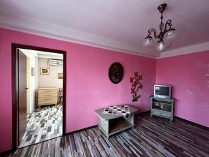 キーウにあるАпартаменты на Русановкеのピンクの壁のリビングルーム(鏡付)