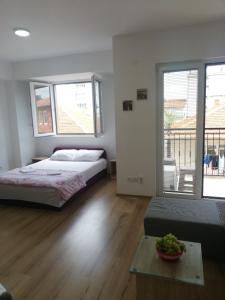 een slaapkamer met een bed en een tafel en ramen bij Vesna Apartment in Ohrid