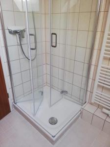 a shower with a glass door in a bathroom at Ferienwohnung-Volker in Tönning