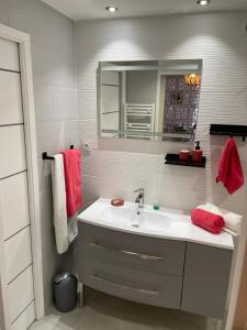 y baño con lavabo, espejo y toallas rojas. en Gîte des Restanques en Grasse