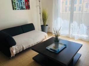 a living room with a couch and a coffee table at Le Californie Plage Carras in Nice